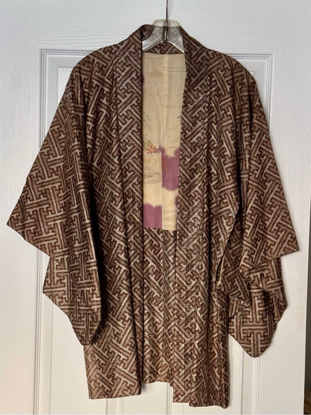 Vintage Silk Blend Haori Kimono Jacket with Brown Geometric Sayagata Pattern